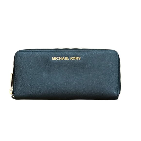 Michael Kors Full‎ Zip Around Black Leather Wallet Gold Hardware - Picture 1 of 5
